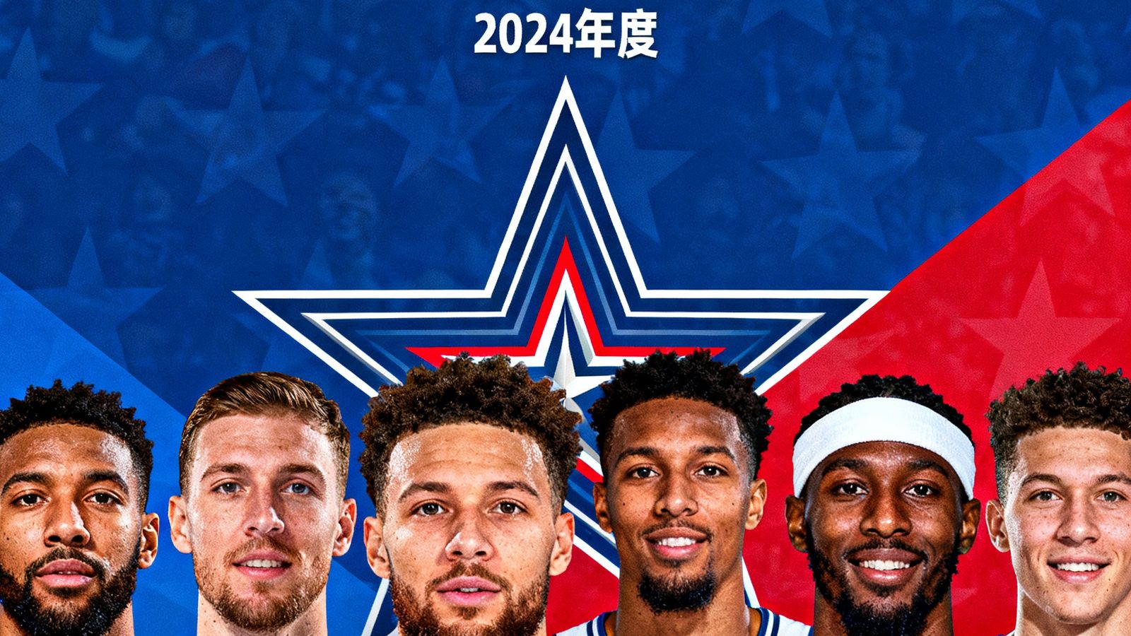 NBA全明星赛投票结果公布，多位球星头像排列展示，背景为全明星赛经典星形标志